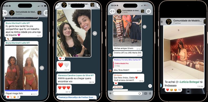 Conversa real na Comunidade de Modelos no WhatsApp, alunas trocando sobre trabalho e agência