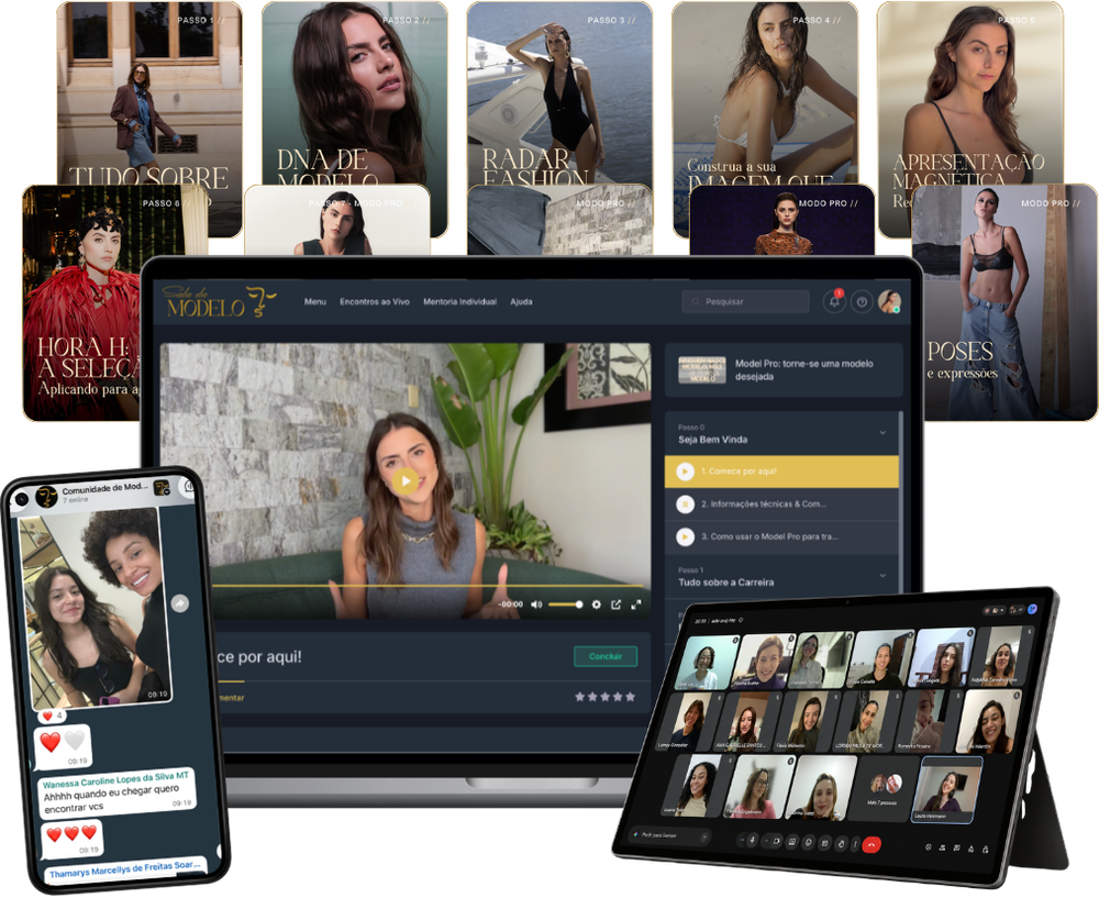Tudo que você recebe no ModelPRO: trilha completa, encontros ao vivo e comunidade